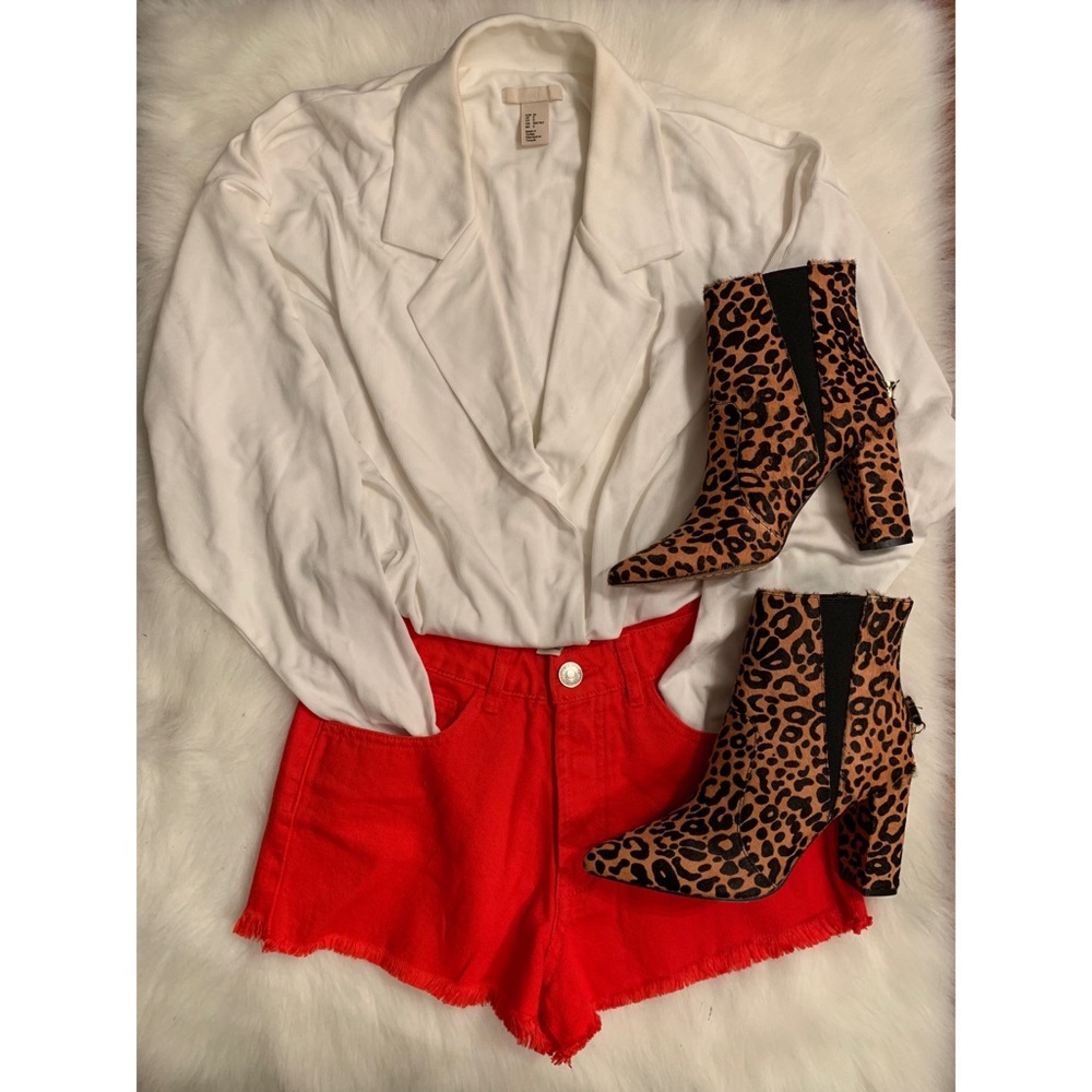 Red Button-Front Denim Shorts